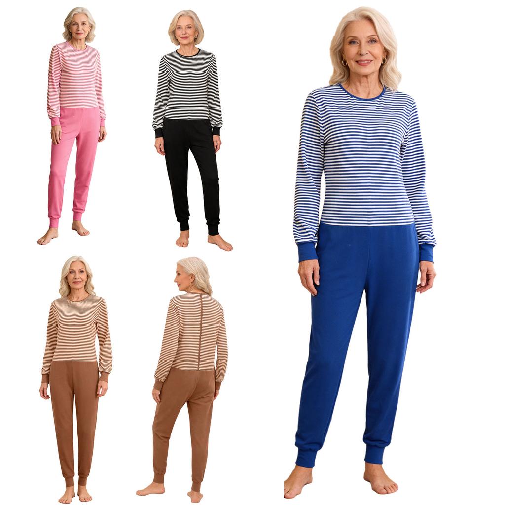 S-XXL Women Nursing Jumpsuit Striped Long Sleeve Back and Leg Zipper Anti-strip Adaptive Bodysuit for Alzheimer Elderly Special Needs