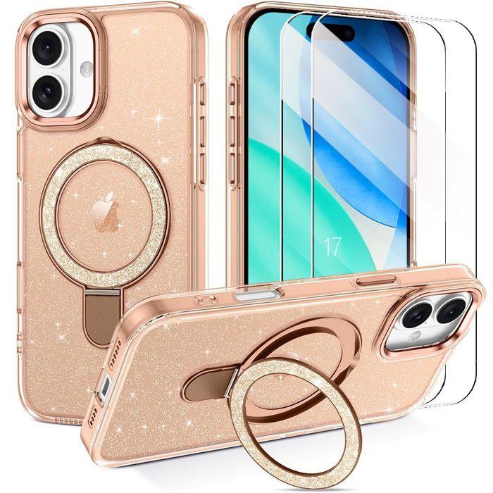 Coque de Protection - BOOLING - pour iPhone 17 - avec Cercle Magnétique Ajustable Doré - 2 Verres Trempés
