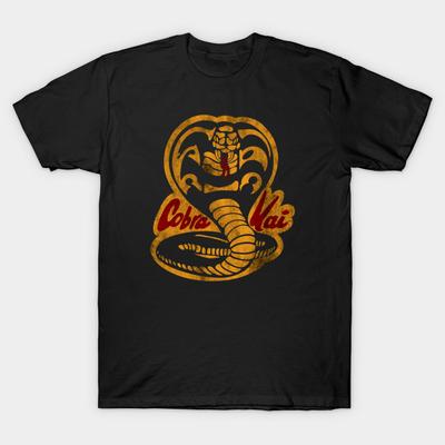 Men Black Print T-shirt Cobra Kai Vintage No-Cut Transfer Paper Print Cotton Tshirt