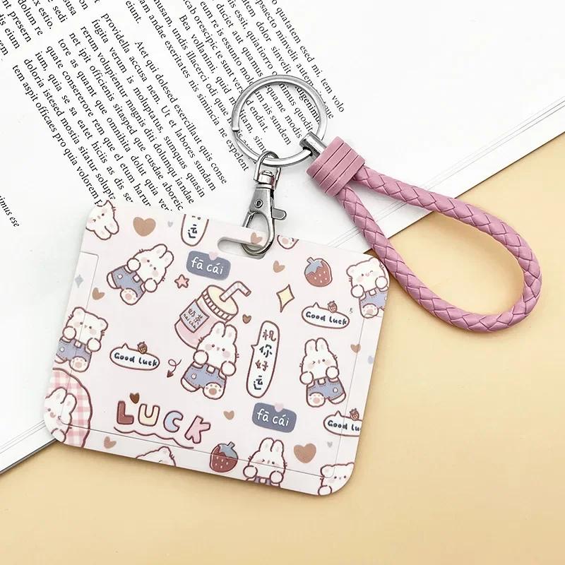 Horizontal Cute Cartoon Push Pull Card Covers Bus Card Sleeve Game Cards Case Credit Card Holder Lanyard Work Permit Holder