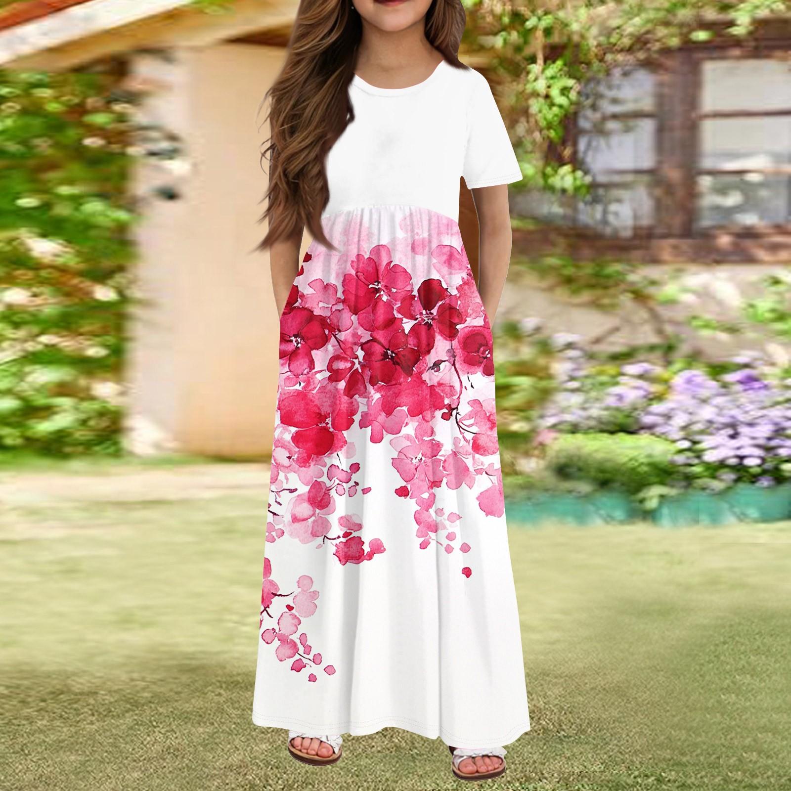 

Довга літня сукня для дівчаток - сукня максі з короткими рукавами та кишенями для дітей віком 4-14 років 140 рожевий