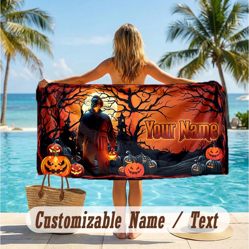 Custom Text Beach Towel, Soft Absorbent Swimming Multi-use TowelHalloween Michael Myers