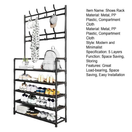 Free Standing Large Capacity Shoes Rack Multiple Hooks Strong Load-bearing 5 Tiers Hat Coat Shoes Storage Stand