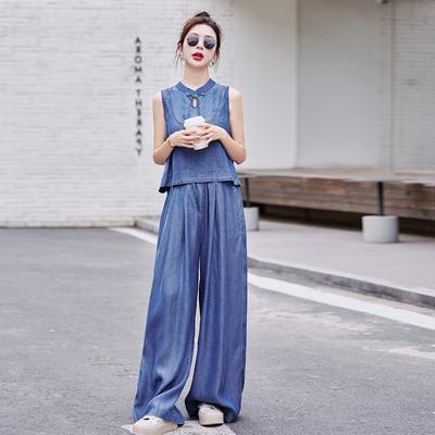 Costume de mode en denim Tencel pour femmes, été nouveau, haut sans manches, pantalon à jambes larges traînant au sol, ensemble deux pièces
