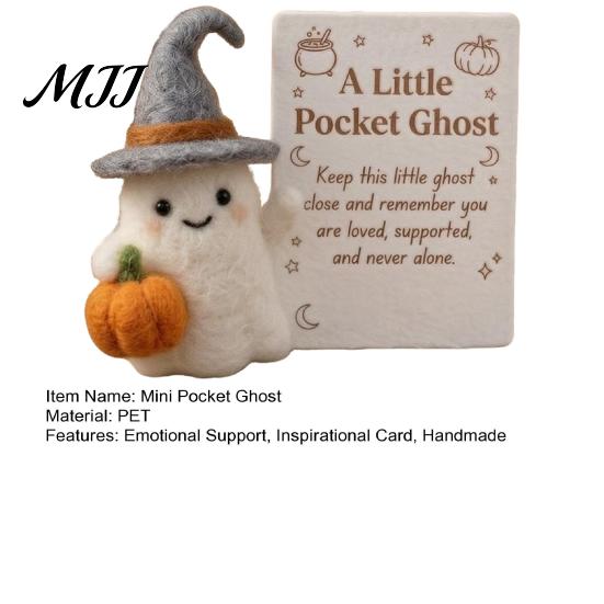 Needle Felted Figurine Little Pocket Ghost, Halloween Handmade Wool Ghost with Pumpkin, Mini Handcrafted Holiday Decoration Plush Doll Inspirational