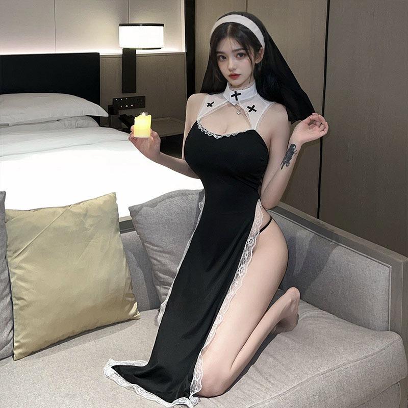 Sexy lingerie sexy nun costume cosplay hollow uniform slit seduction passion osplay skirt suit