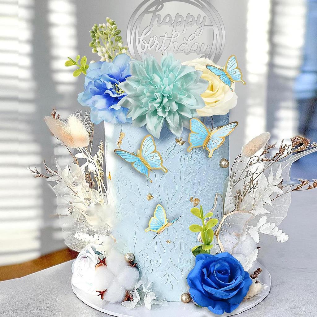 20x Flower Cake Topper with Eucalyptus, Portable Butterfly Cake Decorations for Birthday, Butterfly Theme Party, Baby Shower