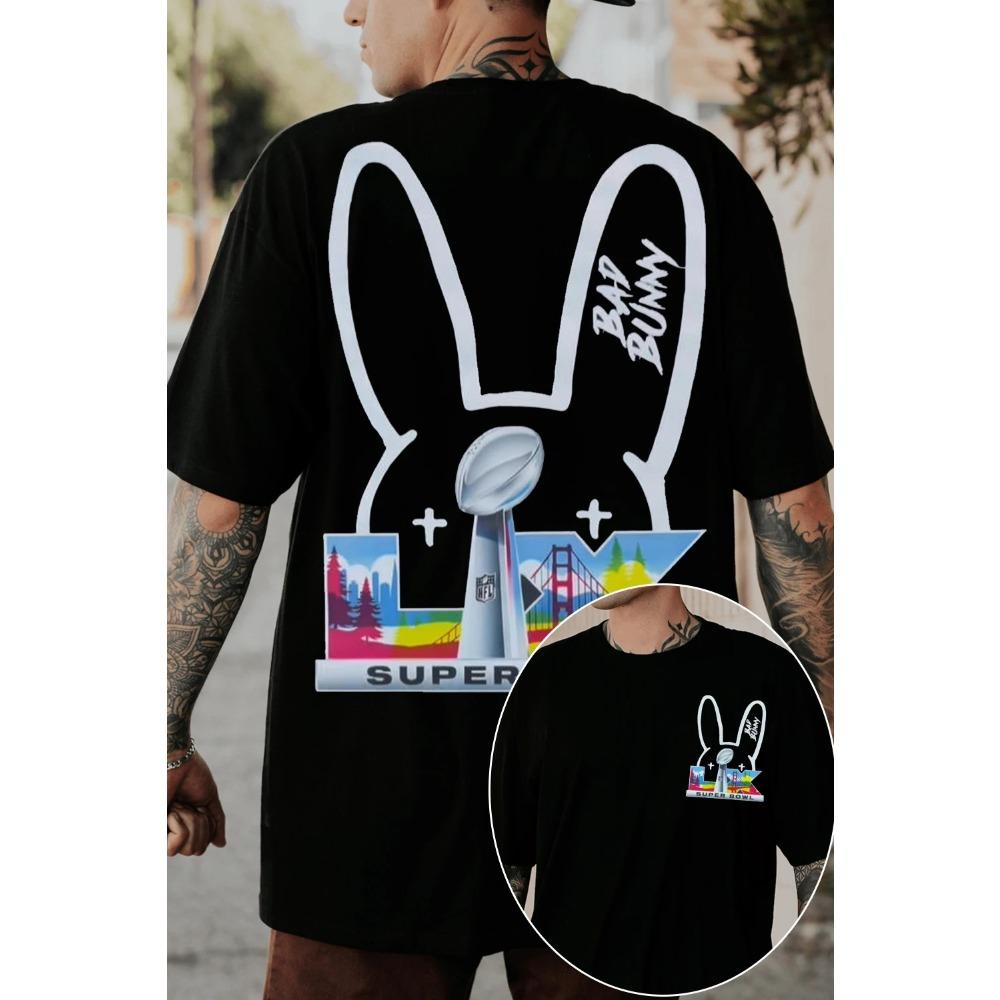 Bad Bunny x Super Bowl LIX San Francisco Oboustranné Oversized Tričko, Unisex Streetwear Tričko pro Fanoušky Latinské Hudby & NFL, 100% Bavlna, Ležérní Krátký Rukáv