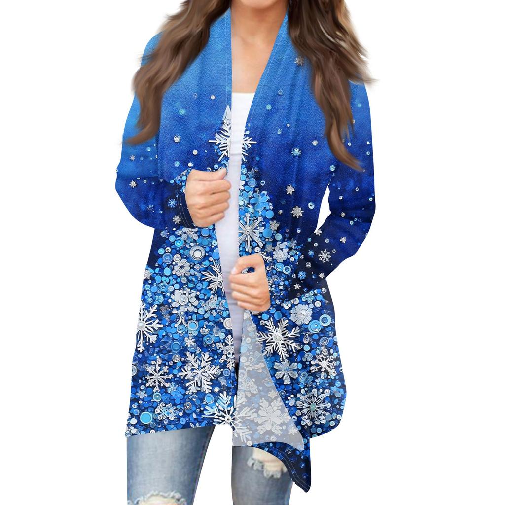Women's Fashion Casual Christmas  Print Medium Length Cardigan Jacket Coat