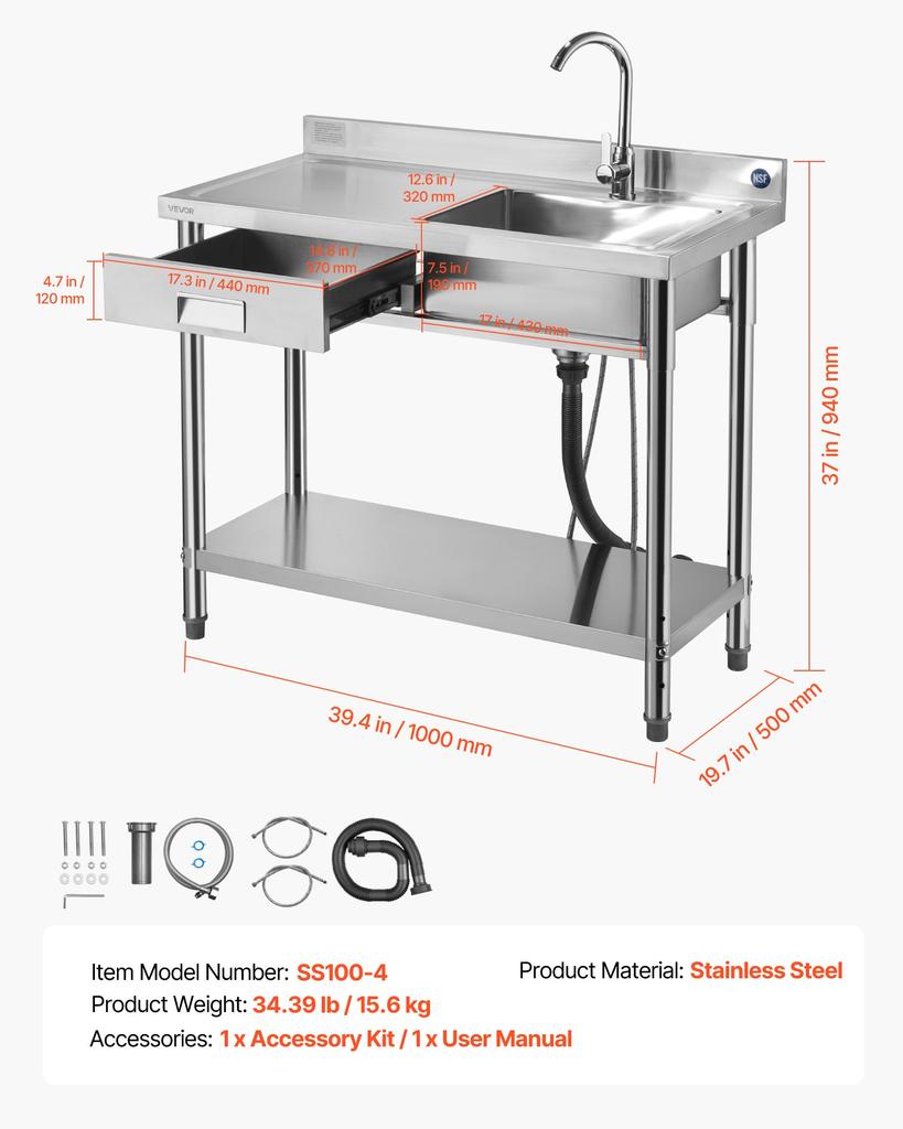VEVOR Stainless Steel Utility Sink, Free Standing Single Bowl Commercial Kitchen Sink with Drawer, Faucet and Hot & Cold Water Pipe