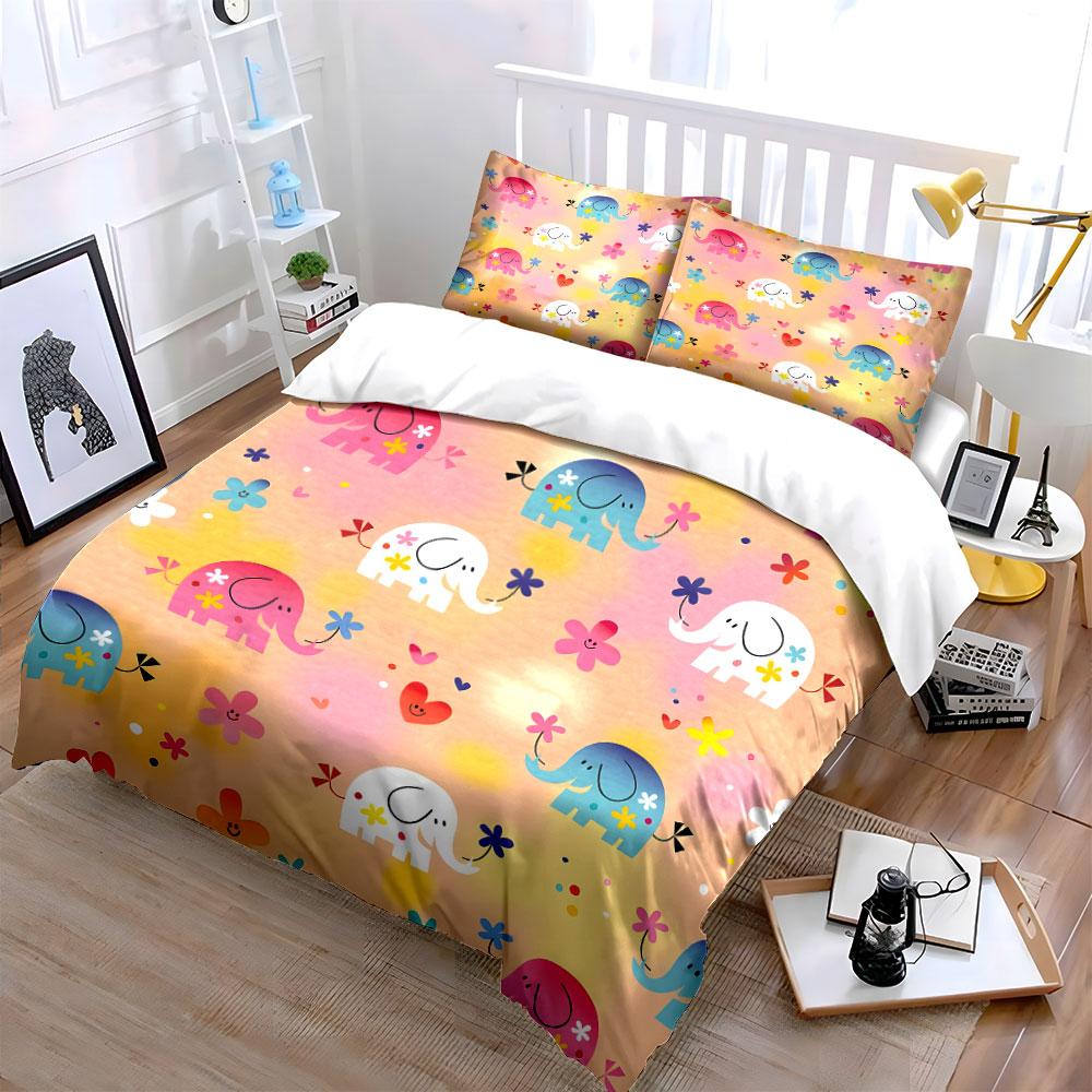 Colorful Elephant Pattern Decor Set Bedding Set with 1 Duvet Cover 2 Pillowcases Single Double King Queen Gift