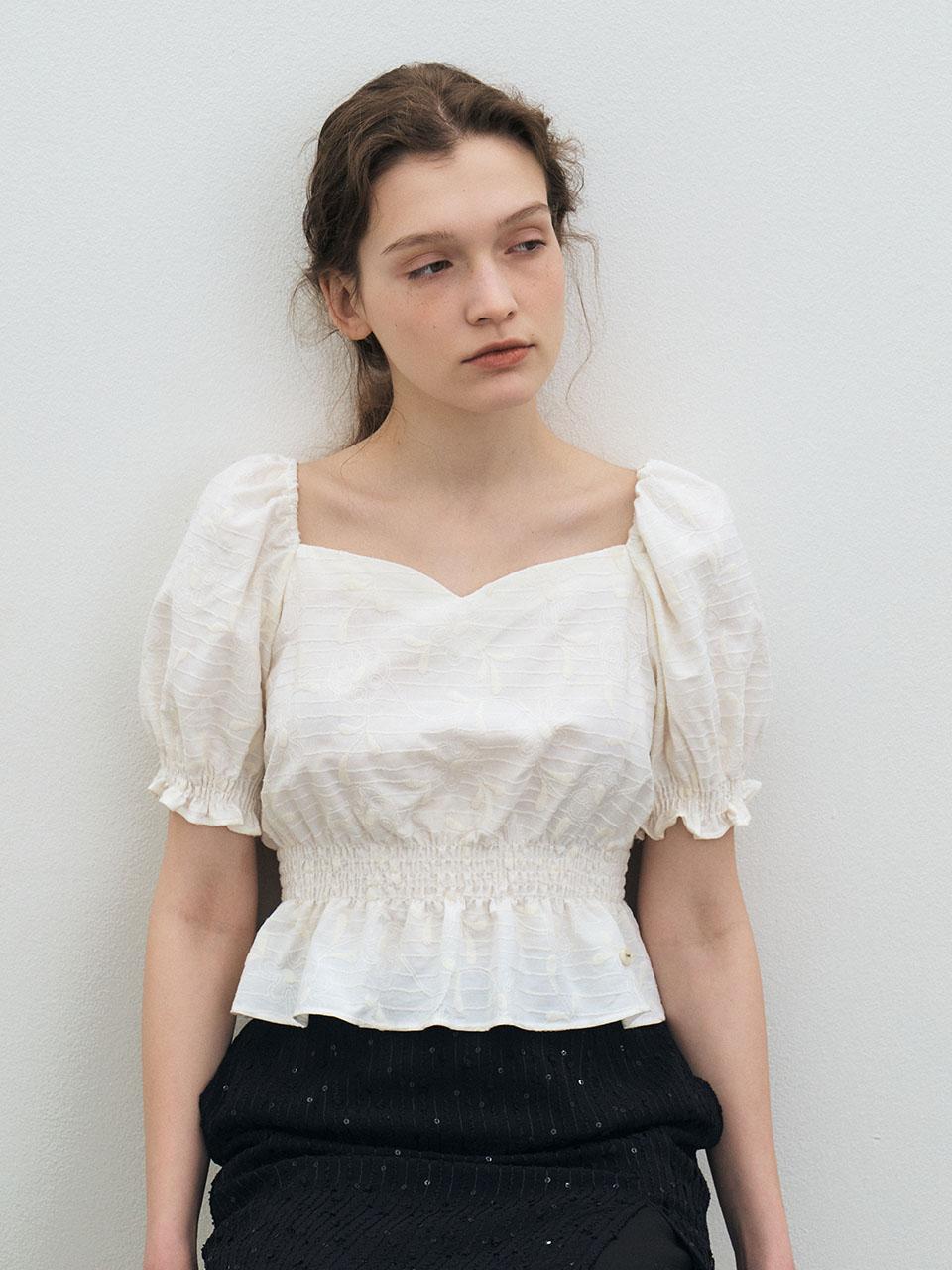 Ed Mang Puff Sleeve Smoked Crop Flower Blouse - Ivory
