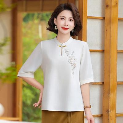 Chinese Style Mandarin Collar Blouse Women's Embroidered Half-sleeve Chiffon Elegant Top