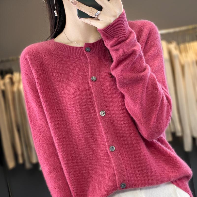 Women's Loose Cashmere Wool Cardigan – Autumn/Winter Osmanthus Stitch Knit Top