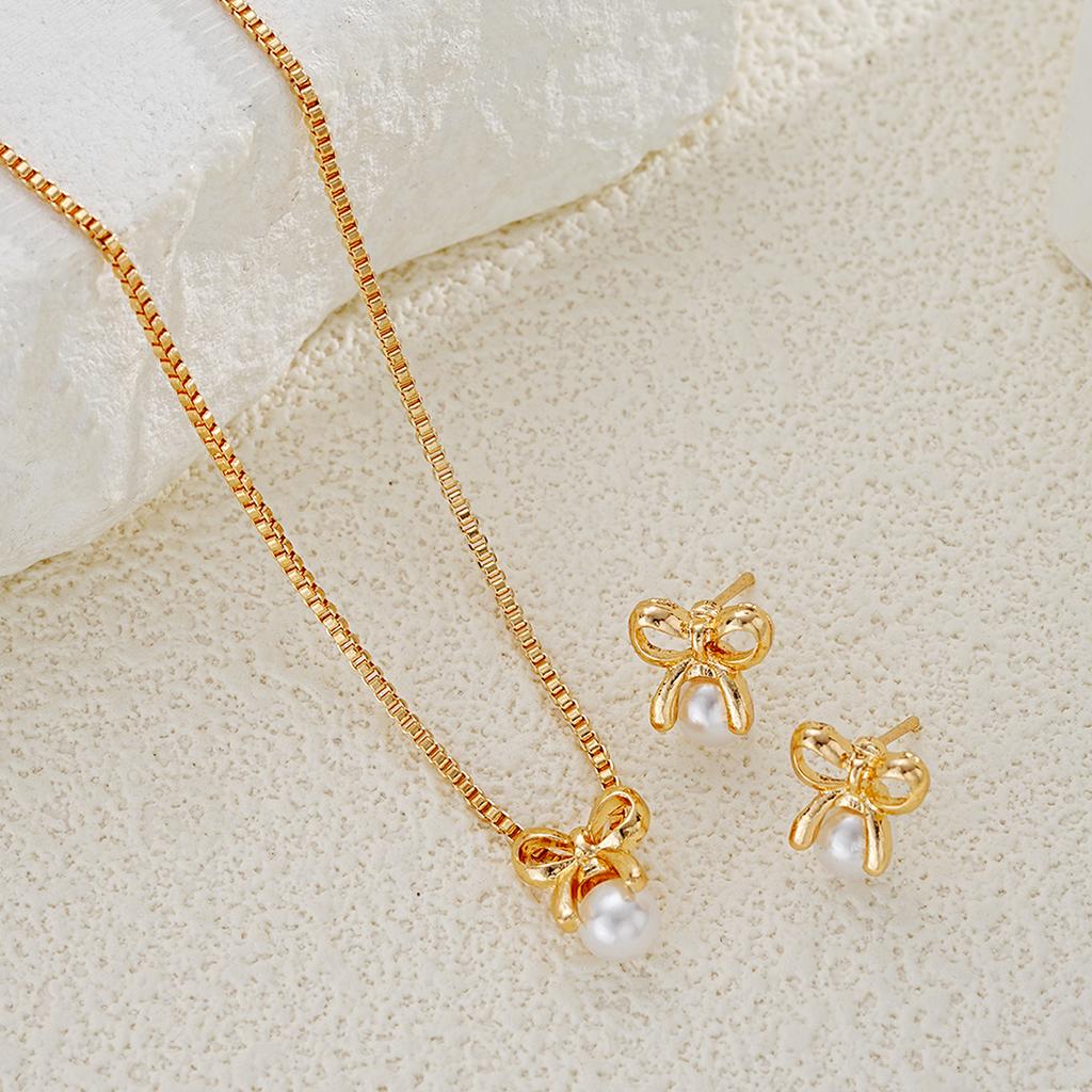 3Pcs/Set Imitation Pearl Bowknot Necklaces Earrings For Women Fashion Exquisite Gold Color Necklaces Earrings Sets Wedding Gifts