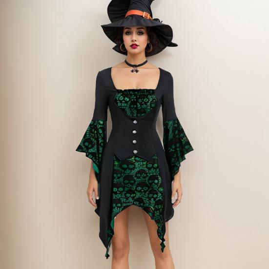 

Женское платье для косплея на Хэллоуин, нерегулярные манжеты и подол, узор черепа, кружевной ремешок с завязками, декор на пуговицах с низким вырезом, средневековый винтажный стиль XL зелёный