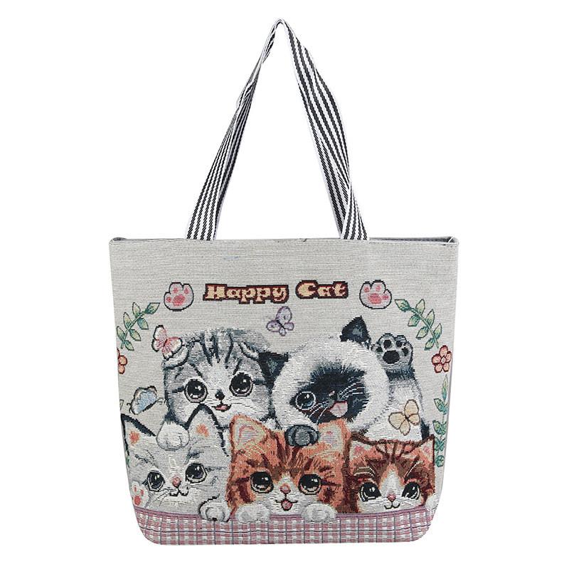 Cat Canvas Tote Bag With Embroidery For Casual Travel And Shopping