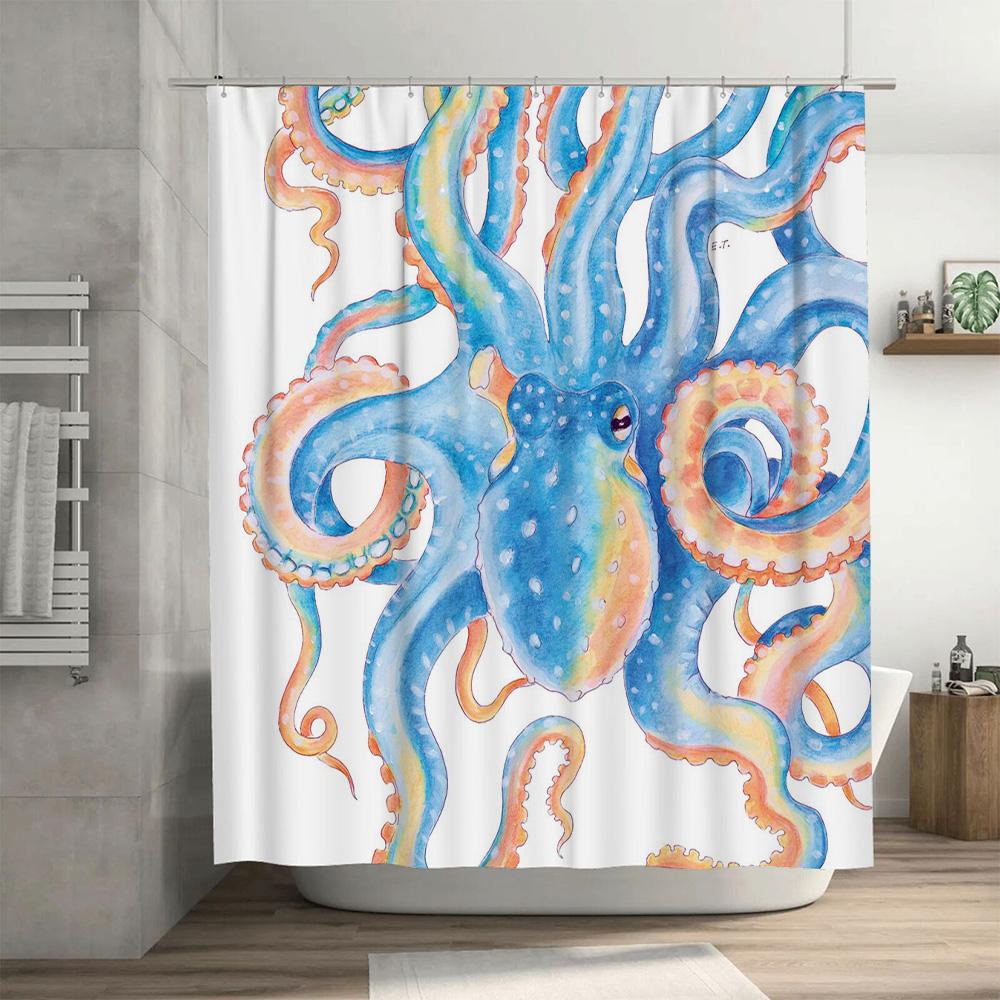 Octopus Shower Curtain Modern Watercolor Print Bathroom Decor For Home Decoration 3D Waterproof Fabric Size: W72 X L84 Inches (1