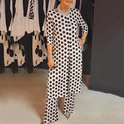 2 Pcs/Set Dress Pants Set Dot Print Round Neck Long Sleeves Split Hem