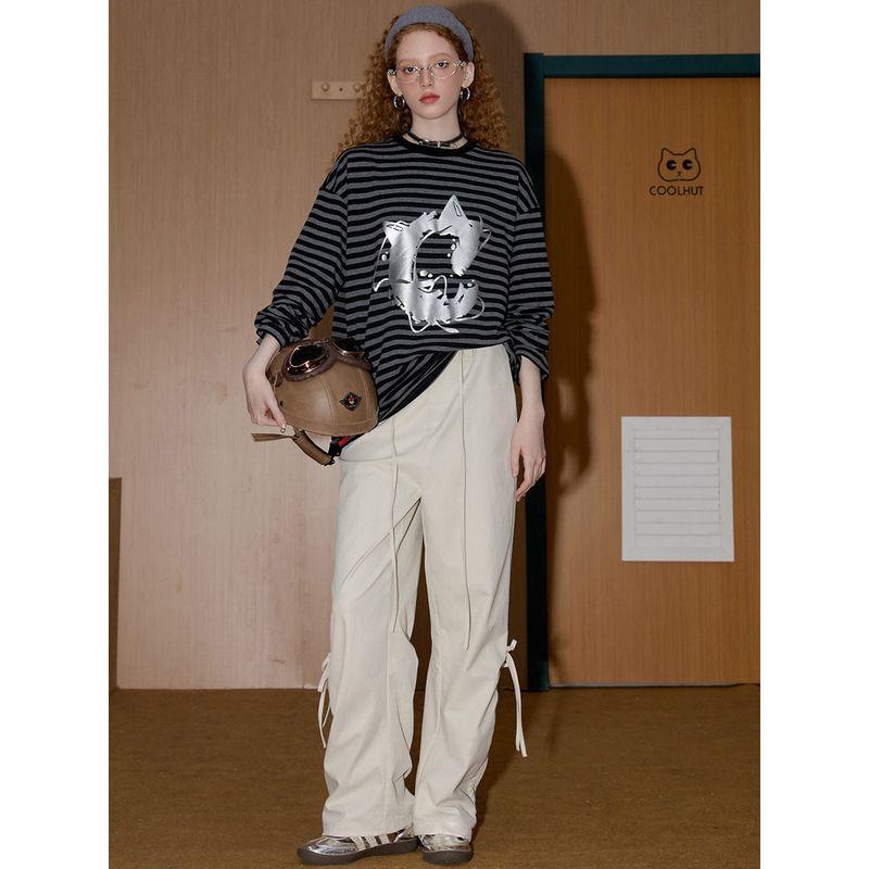 Coolhut American Retro Print Contrast Stripes Round Neck Loose 2026 Spring Women's T-Shirt Casual Long Sleeves