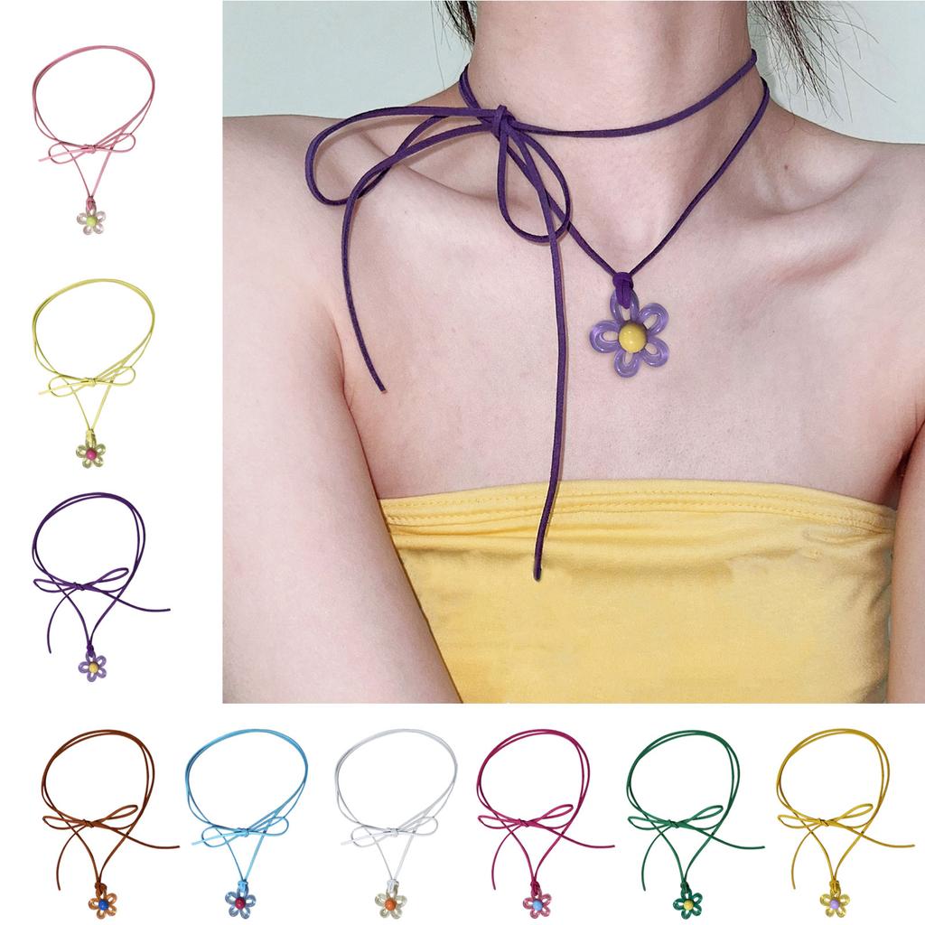 Unique Colorful Flower Clavicle Chain Elegant Floral Collar Necklace Tie Up Chain Acrylic Flower Choker Summer Beach