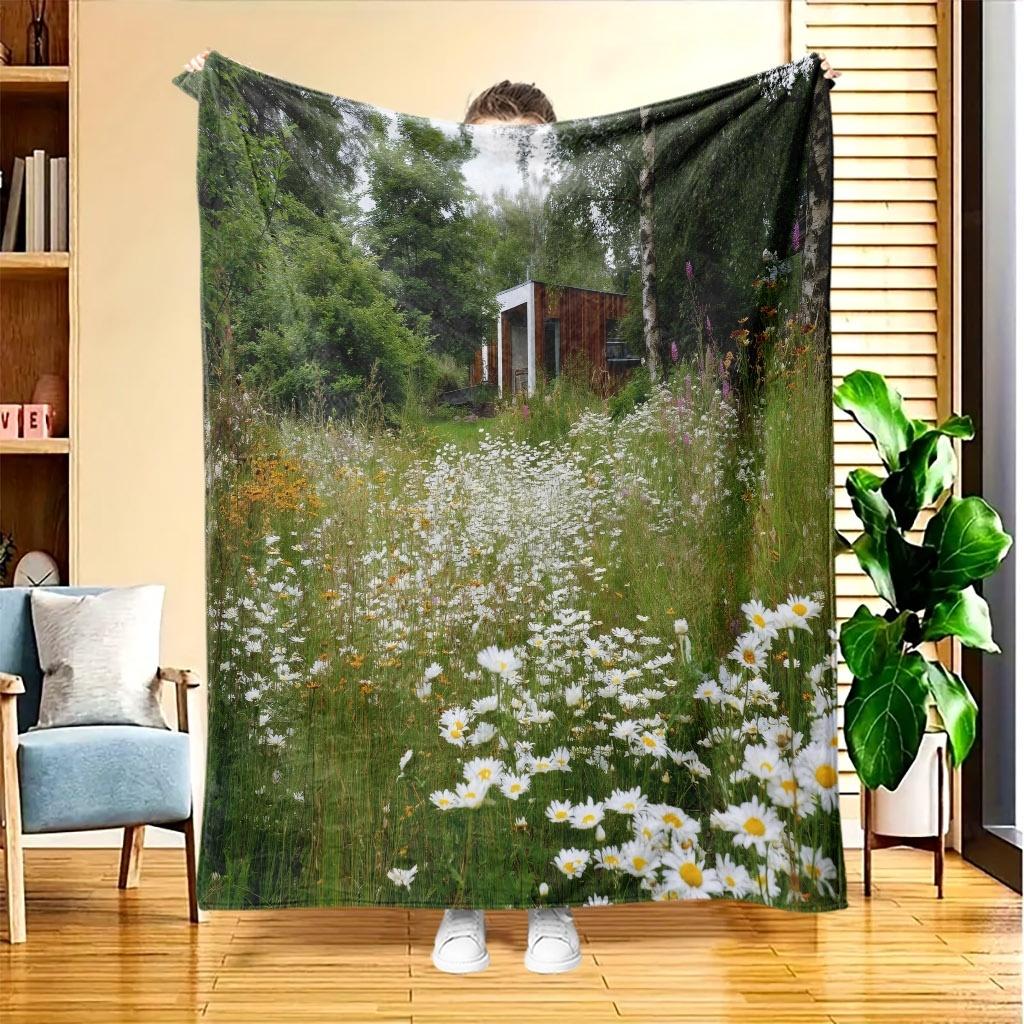 1pc Wildflower Trail Nature Scene Flannel Blanket, High-definition Digital Print, All-season Use, Cooling Blanket, Skin-friendly Soft 100% Polyester,