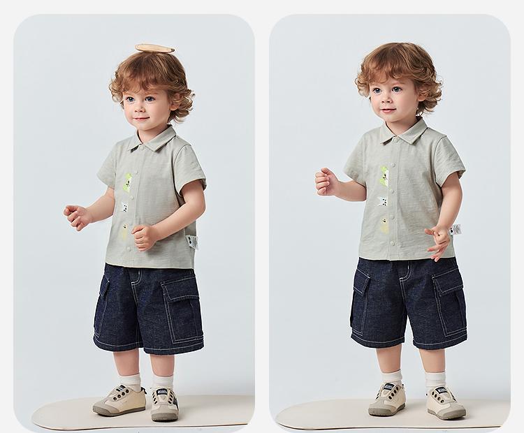 [Bamboo Cotton T] Mini Balabala Boys' Short Sleeved Shirt with Soft and Breathable Open Collar, Animal Open Collar Top for Summer