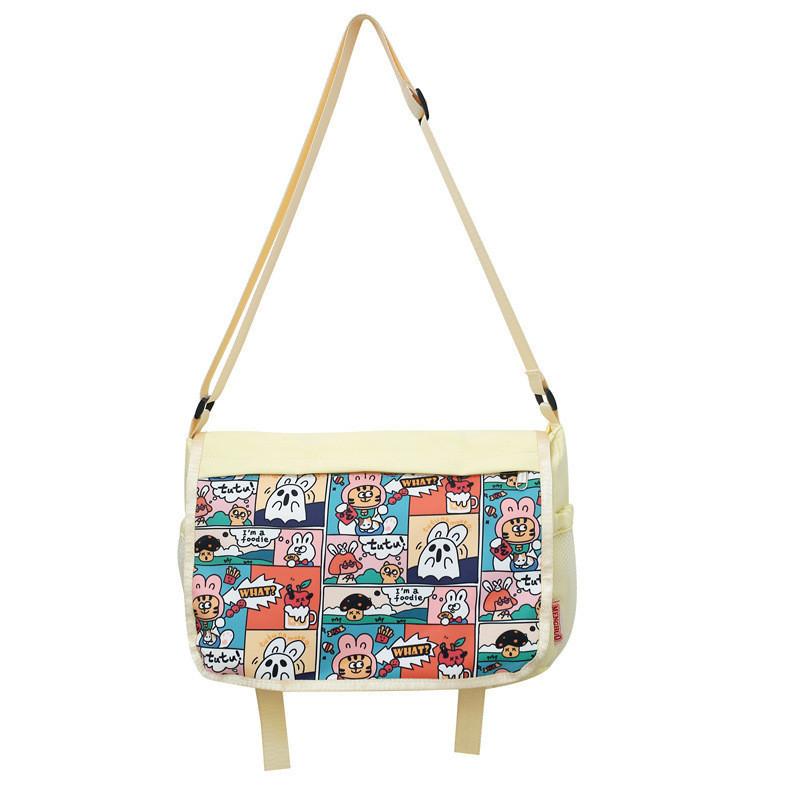 Large Ins Korean Commuting Student Messenger Bag With Cartoon Girl Doodle Print Cream yellow
