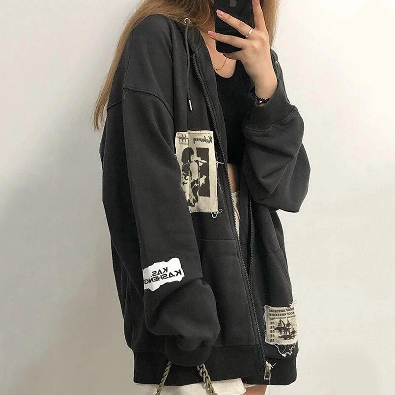 Damen Street Brown Graffiti Print Reißverschluss Vintage Tops Hoodie Sweatshirts Hoodies Kawaii Bluse Grunge Y2k Mäntel Herbstjacken