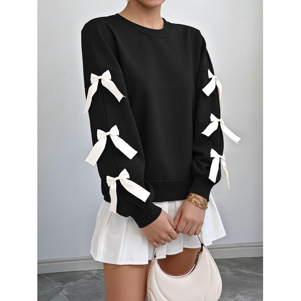 Damskie Jesienno-Zimowe Słodkie Bluzki z Okrągłym Dekoltem i Długim Rękawem, Ozdobione Kokardą, Czerwone Świąteczne Bluzy Top