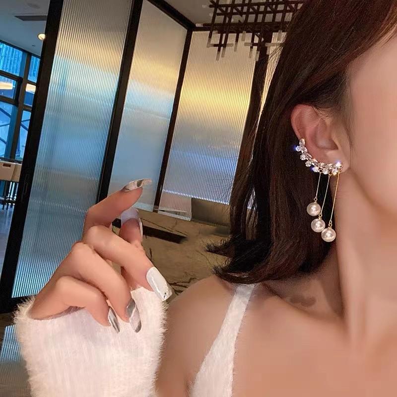 S925 Silver Zircon Tassel Earrings: Luxury Long Pearl Ear Clips for Women