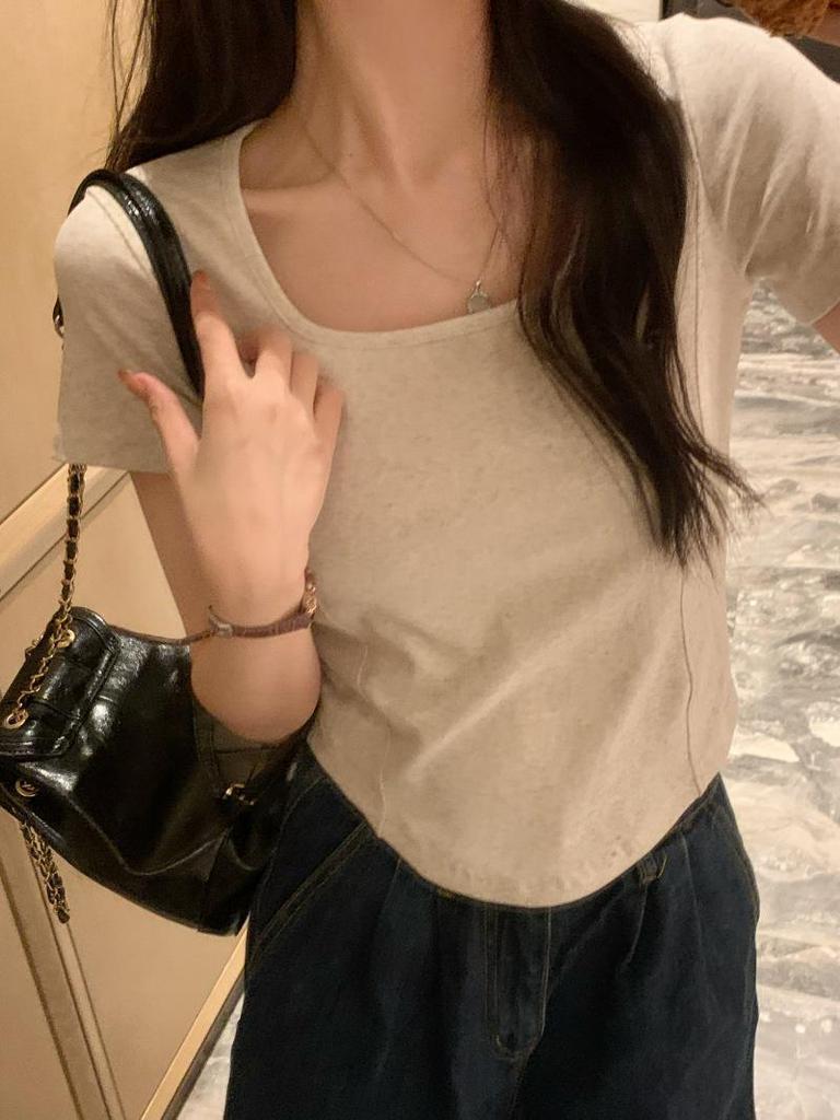 2026 Summer Women's Square Neck Contrast Stitching Short Sleeve Top - Slimming and Versatile