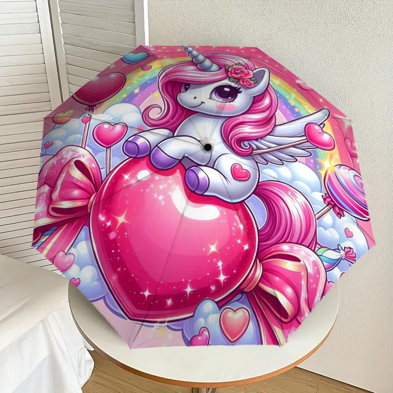 

1pc Unicorn Fantasy: Cute Pink Pony with Rainbow Heart Umbrella with Plastic Handle,Suitable for All Seasons Home Travel Outdoor UmbrellaDD773