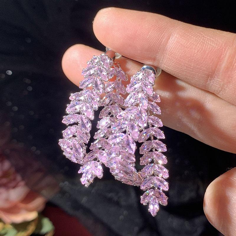 Pink Love Earrings Front and Rear Dual-purpose Integrated Super Flash Fairy Temperament Elegant Girl Heart Flow Su Leaf Earrings
