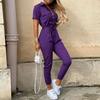 Summer Women's Trousers Casual Lapel Button Print Belt Cargo Jumpsuit
