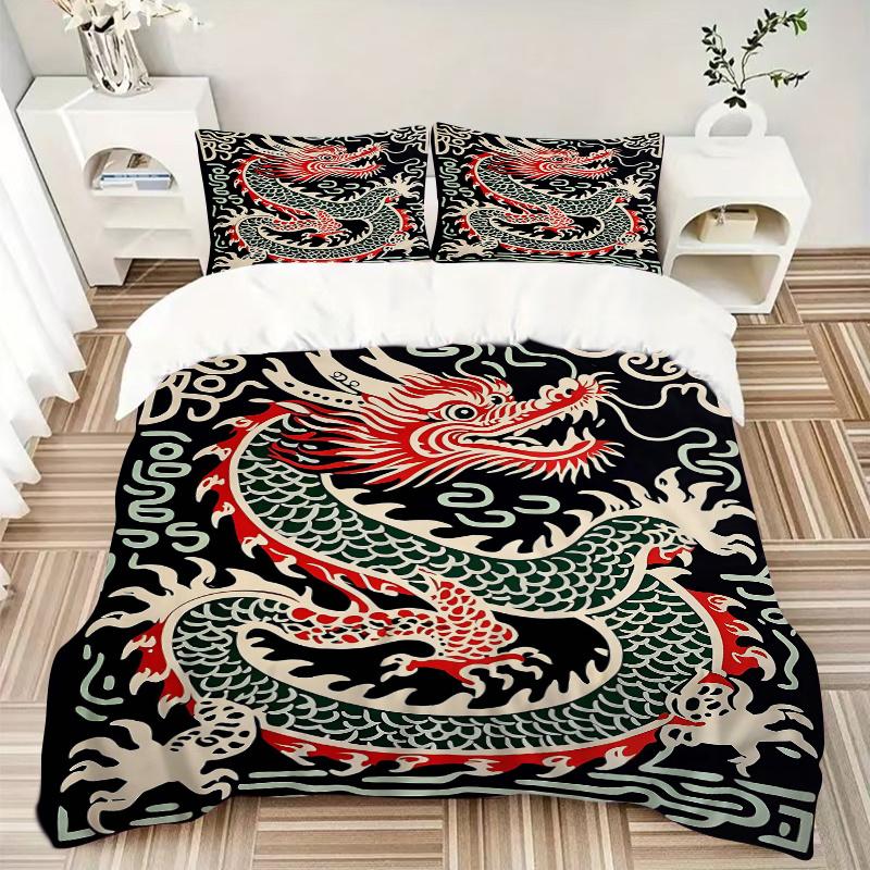 3pcs Chinese Dragon Bedding Set, Including 1 Quilt Cover and 2 Pillow Shams, Without Filling, Soft and Comfortable Home Bedroom Fabric, Fash
