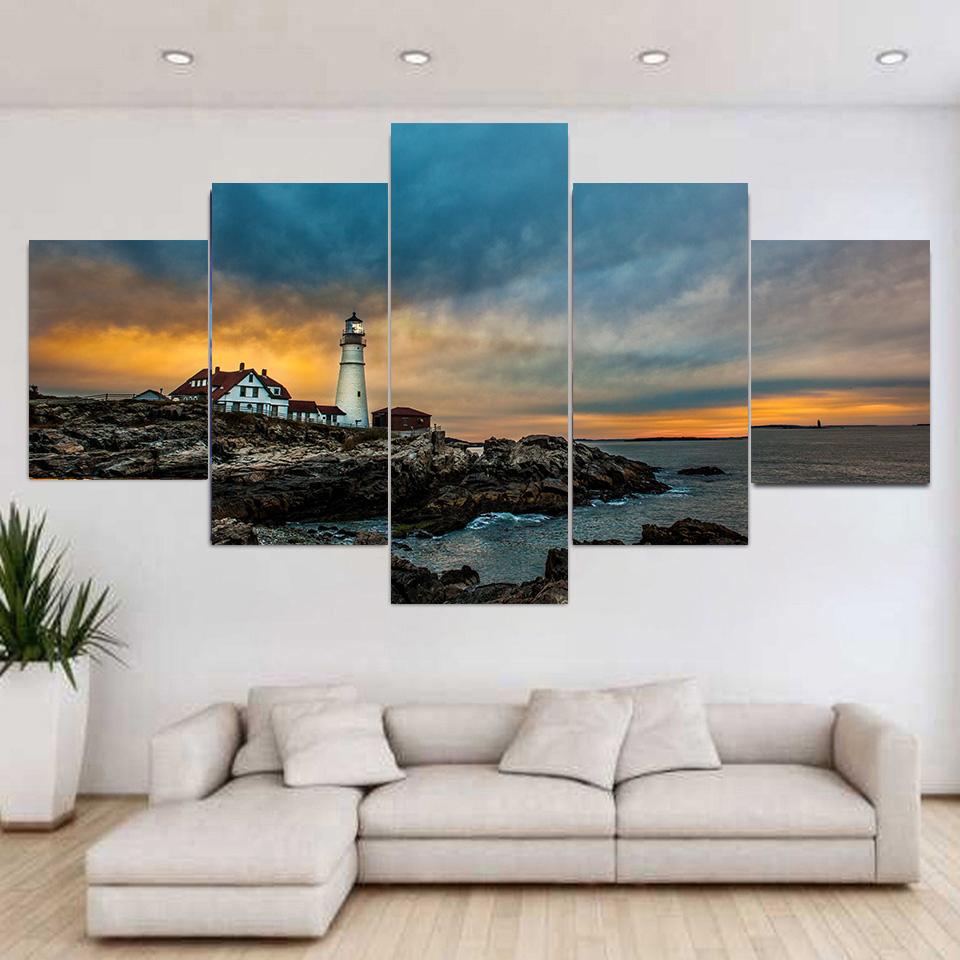 5 Piezas Paisaje Faro Roca Atardecer Vista del Mar Lienzo Pintura Pósteres e Impresiones Arte de Pared Imágenes Decoración del Hogar Sin Marco