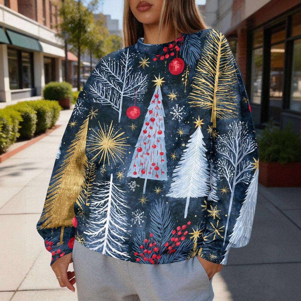 Women's Trendy Christmas Print Crewneck Sweatshirt Lightweight Casual Pullover Top