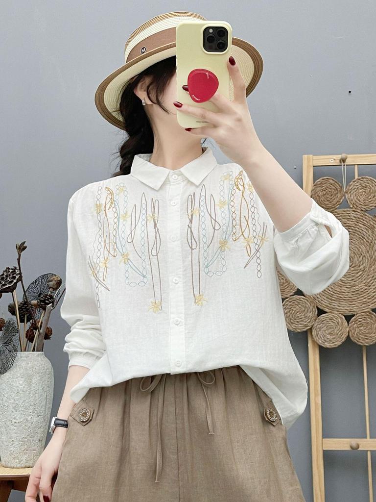 Women's Early Spring Cotton Gauze Embroidered Lapel Shirt - Long Sleeve, Loose Fit, Versatile