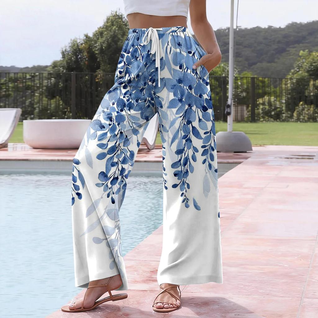Women's Casual Retro Floral Print Wide Leg Drawstring Pocket Beach Casual Pants