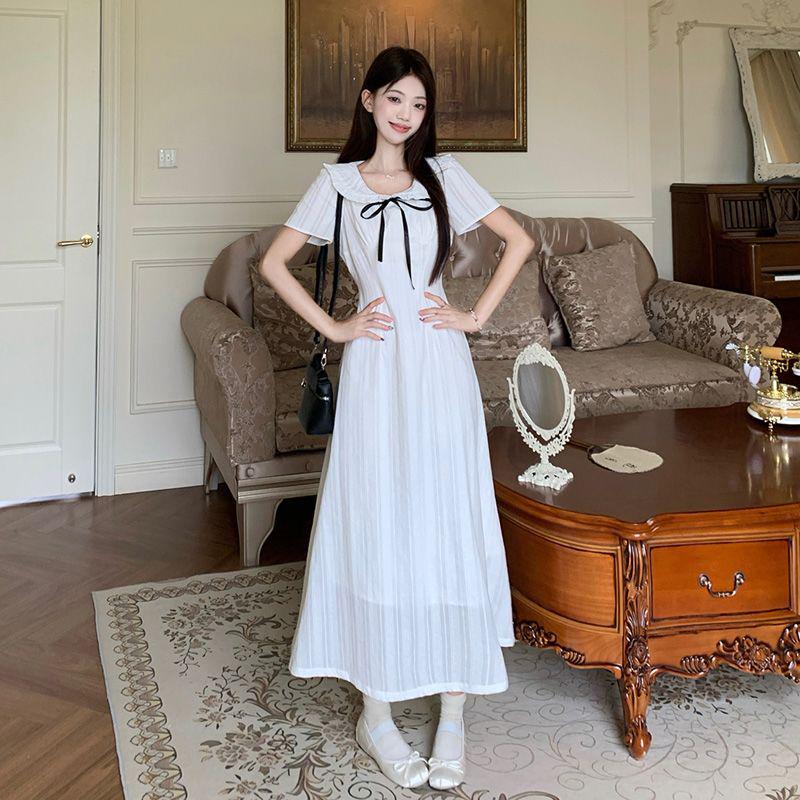 2026 Summer White Princess Dress: Doll Collar Bow Waist Slimming Long Skirt