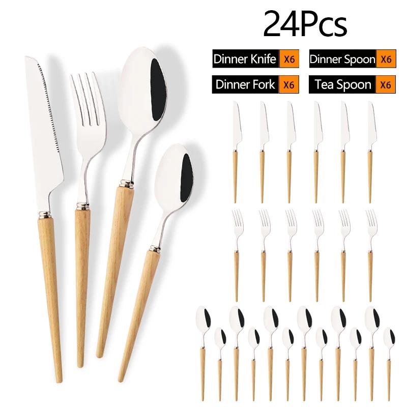 24Pcs New Wooden Handle Dinnerware Cutlery Set Stainless Steel Tableware Knife Fork Tea Spoons Silverware Western Flatware