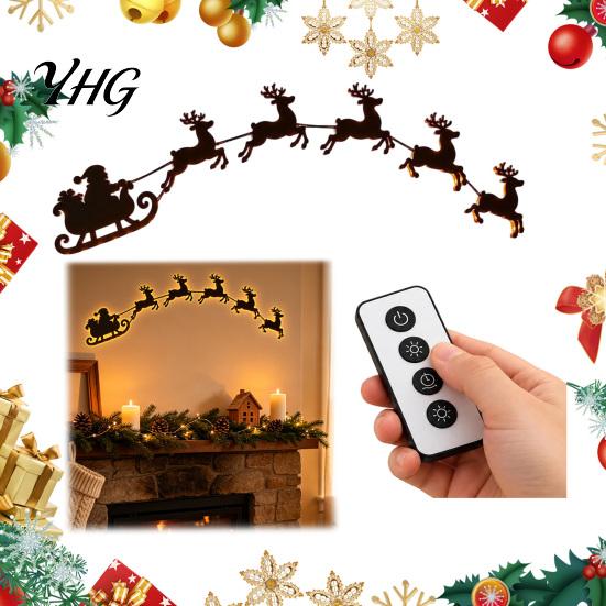 Festive Living Room Wall Art Lighted Santa Sleigh Reindeer Christmas Decor with Remote, 3D Light Up Wood Peel Holiday Gift for Family And Stick