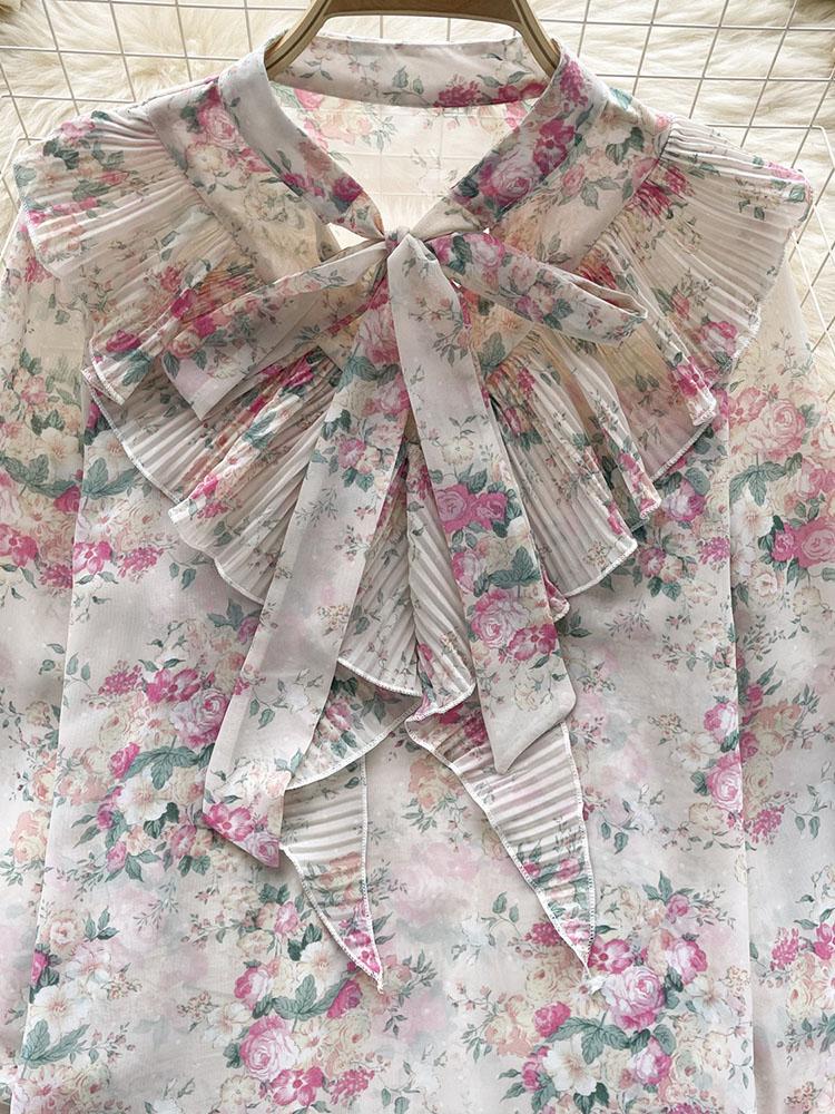 Damen Frühlingsbluse Elegantes Hemd mit Schleifenkragen Patchwork Plissierter Rüschenrand Slim Fit Oberteile Französischer Stil Puffärmel Lässige Bluse