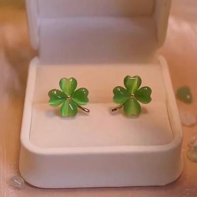 Elegant Four Leaf Clovers Cats Eye Stone Earrings Trendy Ear Studs Fashion Daily Wear Accessories for Women and Girls