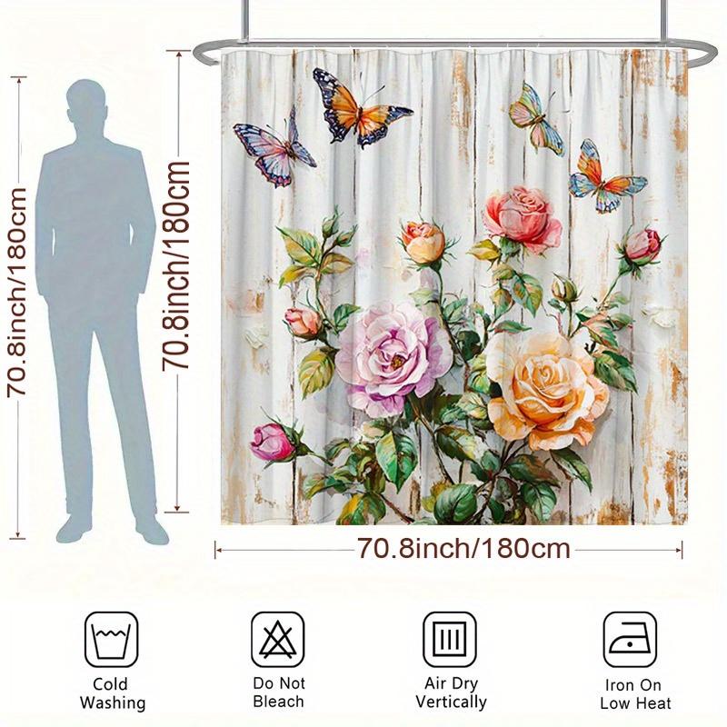 Roses & Butterflies Shower Curtain - Rustic Wood Background, Soft Pink Flowers, Polyester, 12 Hooks, 70.8X70.8 Inches, Washable