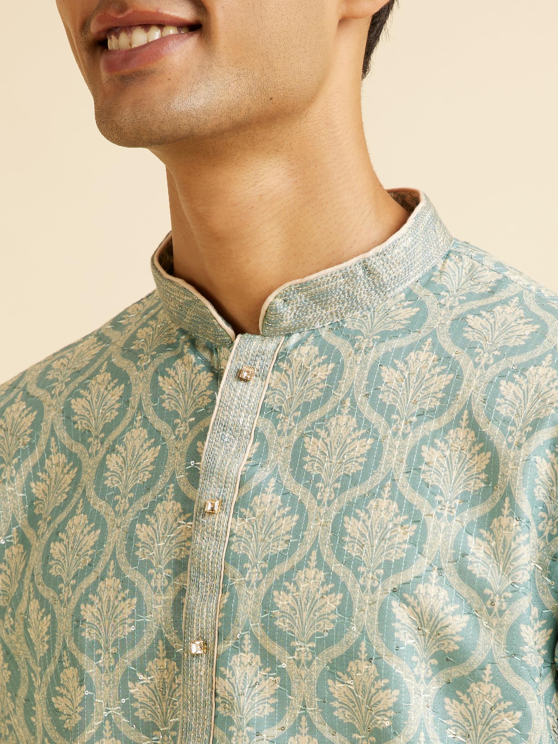 Manyavar Men s Cotton Blend Printed|Embroidered Kurta Pyjama Set (Green,XL) XL зелёный