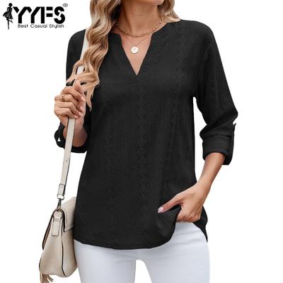 Women's Fashion Casual Summer Spring Solid Color Print 3/4 Sleeves V-Neck Blouses & Shirts