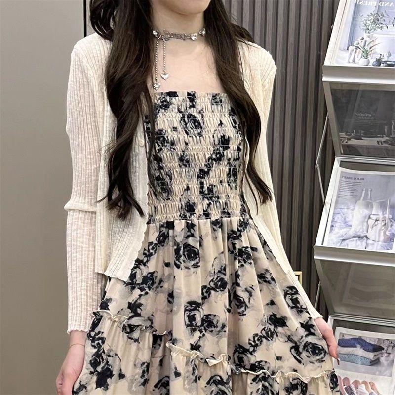 

French-Style Floral Print Waist-Cinched Summer Dress for Women - Retro Japanese-Inspired Long Sling Dress 2026. 2XL recommended [65-72.5 kg]