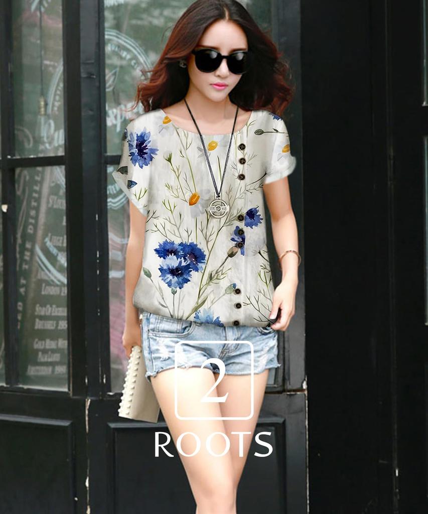 Second Roots Botanical Blouse with Floral and Leaf Short Decorative Undershirt Summer Plus Sizes and Perfect for and Office Yellow Prints, Sleeves,